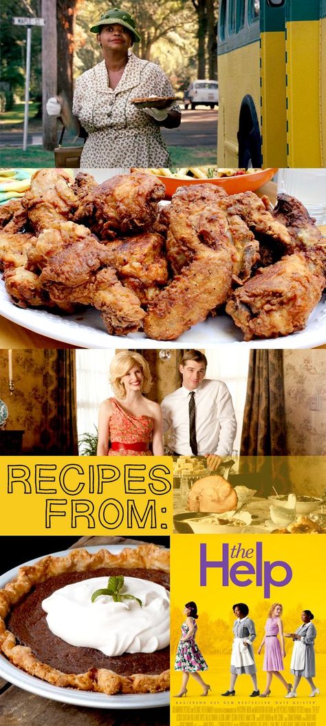 Recipes and movie food from The Help! Tips for throwing a great viewing party of the film - includes Minny's fried chicken and chocolate pie, fried okra, butter beans, sweet tea, ambrosia salad, and all kinds of southern goodies. Movie Food, Fried Okra, Southern Recipes Soul Food, Ambrosia Salad, Dinner And A Movie, Comfort Food Southern, Chocolate Pie, Brownie Bites, Butter Beans