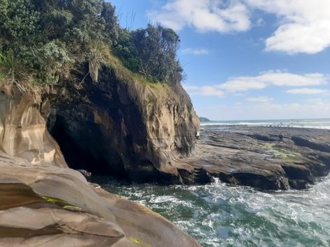 Beach. Cave. Muriwai Beach. New Zealand. Beach Cave Aesthetic, New Zealand Aesthetic, Travel Photography Aesthetic, New Zealand Trip, Beach Cave, Muriwai Beach, Beach New Zealand, New Zealand Beach, Music Kpop