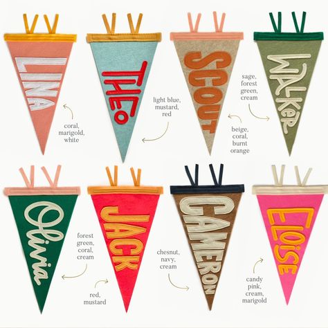 8 of our favorite pennant color combos ✨ Zoom on in for the color names. Which is your fave out of these 8?? I'm going with... bottom left! Forest, coral, cream 👏