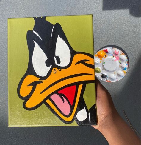 Simple Cartoon Paintings Disney, Daffy Duck Painting Canvas, Funny Cartoon Paintings, Acrylic Ideas Painting, Cartoon Character Paintings On Canvas, Cartoon Characters Paintings, Easy Cartoon Paintings, Character Paintings On Canvas, Painting Ideas On Canvas Cartoon Characters