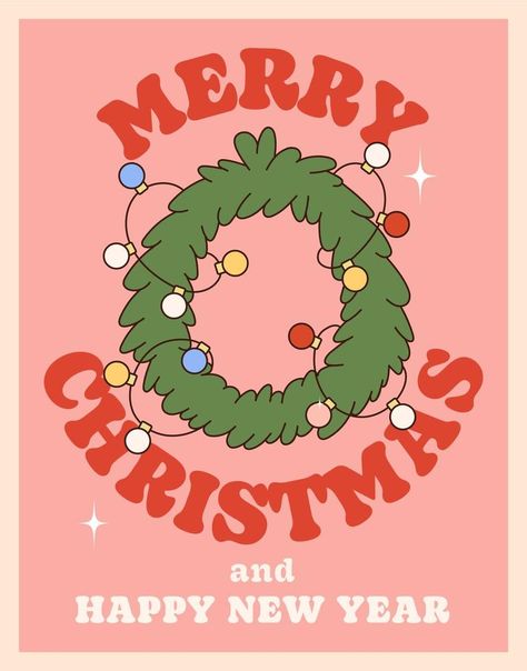 Merry Christmas and Happy new year. Hippie groovy poster with spruce wreath and garland. On trendy style with a 70's vibes. Merry Christmas Poster Design Ideas, Christmas Posters Ideas, Cute Christmas Graphics, Cute Christmas Posters, Christmas Posters Design, Aesthetic Christmas Poster, Christmas Poster Illustration, Graphic Design Christmas Card, Merry Christmas Illustration Design