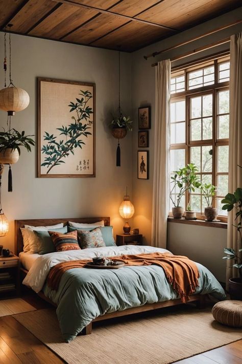 Romantic Green Bedroom Ideas, Bedroom Inspirations Japanese, Natural Wood Design, Boho Basement Apartment, Unique Master Bed Ideas, Natural Colored Bedroom, Japandi Aesthetic Bedroom, Perfect Bedroom Paint Color, Japandi Small Bedroom Ideas