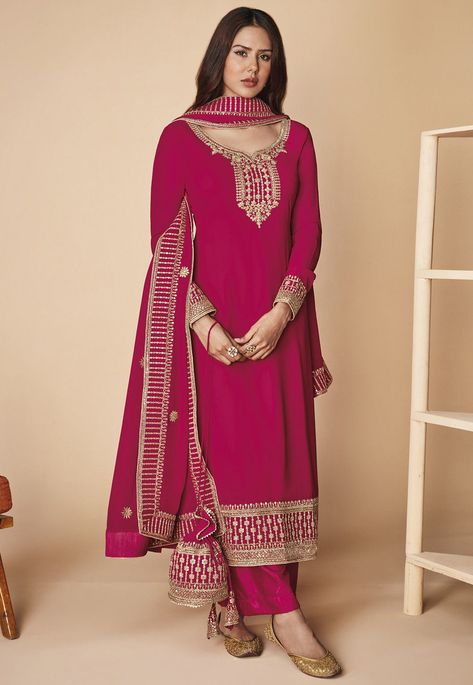 Faux Georgette Pakistani Suit in Pink This Semi-stitched attire with Poly Shantoon Lining is Enhanced with Zari, Dori and Sequins Work and is Crafted in Sweetheart Neck and Full Sleeve Available with a Poly Shantoon Palazzo and a Faux Georgette Dupatta in Pink The Kameez and Bottom Lengths are 46 and 40 inches respectively Do note: Accessories shown in the image are for presentation purposes only and length may vary upto 2 inches.(Slight variation in actual color vs. image is possible). Black Pakistani Dress, Festival Trousers, Sonam Bajwa, Dori Work, Sleeve Outfit, Bollywood Celebrity, Georgette Dupatta, Trouser Suit, Salwar Dress