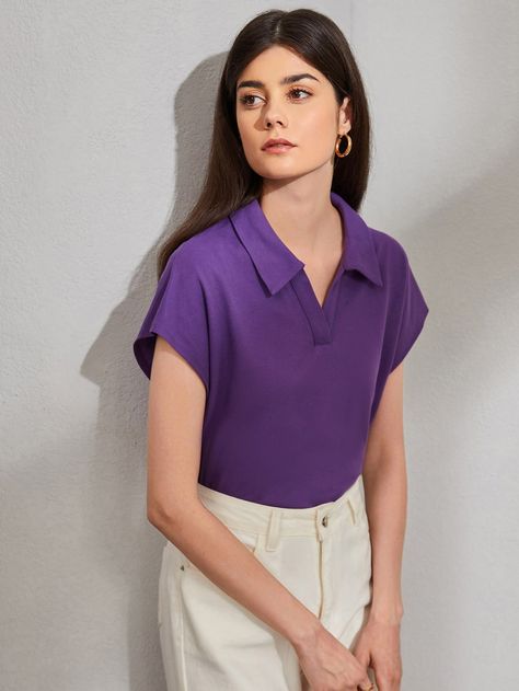 Violet Purple Casual  Short Sleeve Polyester Plain  Embellished Slight Stretch Summer Women Tops, Blouses & Tee Manche, Violet Tshirt Outfits, Purple Tshirt Outfits, Purple Shirt Outfit, Polo Shirt Outfit Women's, Polo Shirt Outfits, Shirt Outfit Women, Shirt Tucked In, Purple T Shirts