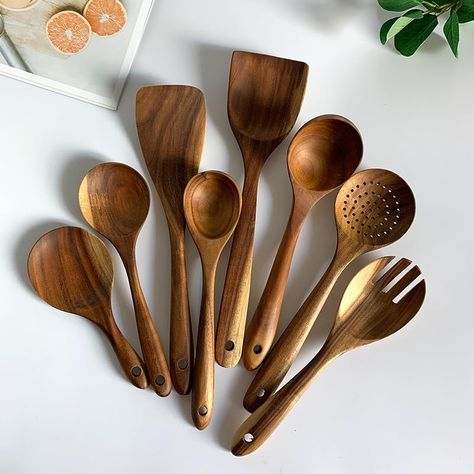 PRICES MAY VARY. Premium Thai Teak Wood: Handcrafted from authentic Thai teak wood, these utensils showcase the beauty of natural wood while offering durability and longevity. Complete 8-Piece Set: Comprehensive set includes a tableware spoon, ladle, turner, short rice spoon, long rice spoon, colander, soup skimmer, and versatile cooking spoons. Smooth and Distinctive Grain: Each utensil is adorned with its own unique wood grain pattern, adding an elegant touch to your kitchen and table setting. Wood Cooking Utensils, Wood Kitchen Tool, Wood Kitchen Utensils, Natural Wood Kitchen, Wood Utensils, Kitchen Tool Set, Wooden Kitchen Utensils, Natural Teak Wood, Into The Wood