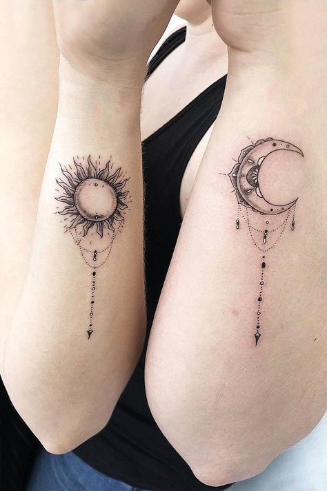 The Sun And The Moon Tattoos #sunandmoontattoo #suntattoo #moontattoo ★ Matching and meaningful best friend tattoos to spice up your unique bond. ★ #tattooforfriends #bestfriendstattoo #friendstattoo #matchingtattoo #tattooideas #glaminati Best Friend Tattoo Sun And Moon, Bestie Sun And Moon Tattoo, Sun And Moon Tattoo Mother Daughter, Matching Best Friend Tattoos Sun And Moon, Ethereal Matching Tattoos, 6 Person Matching Tattoo, Matching Sun And Moon Tattoo Sisters, Tattoo Of Sun And Moon, Matting Tattoos