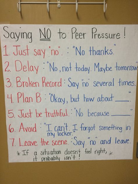 Ways to say no to peer pressure Peer Influence Activities, Peer Pressure Poster, Peer Pressure Activities For Teens, Peer Pressure Activities, Peer Pressure Lessons, Ways To Say No, Vacation Bible School Themes, Ways To Say Said, Social Skills Groups