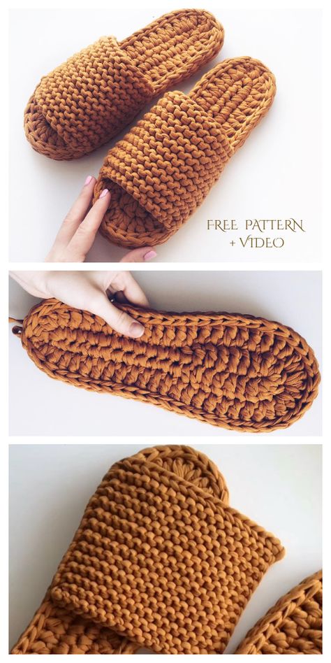 Chunky T-shirt Yarn Slippers Free Crochet Pattern + Video - DIY Magazine Yarn Slippers, Diy Crochet Slippers, Crocheted Slippers, Easy Crochet Slippers, Slipper Pattern, Crochet Slipper, Crochet Slippers Free Pattern, Crochet Shoes Pattern, Diy Slippers