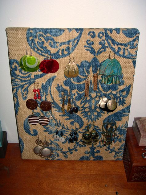 earring holder with upholstery samples Make one to match each girls bathroom style Upcycling, Upholstery Samples Projects, Fabric Samples Projects, Grandma Couch, Earring Organizers, Upholstery Fabric Projects, Fabric Sample Book, Samples Diy, Upcycle Fabric