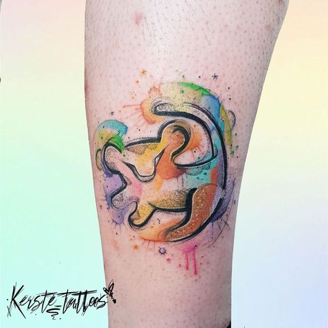 Watercolour Tattoos, Disney Outline, Disney Watercolor Tattoo, Disney Sleeve Tattoos, Lion King Tattoo, Disney Sleeve, Bestie Tattoo, Couples Tattoo Designs, Watercolor Disney