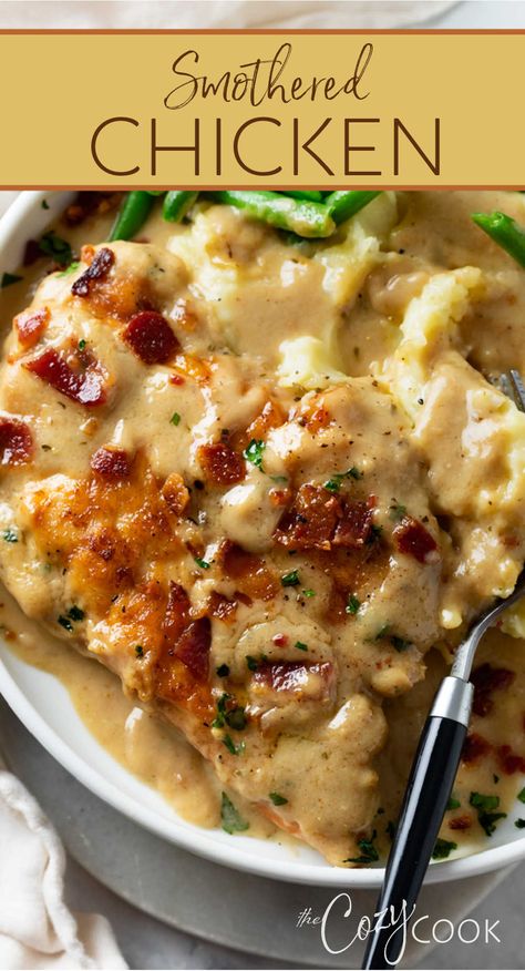 smothered chicken with crumbled bacon on a white plate and topped with gravy Smothered Chicken Recipes, Easy Chicken Casserole Recipes, Baked Chicken With Mayo, Crockpot Healthy, Smothered Chicken, Thanksgiving Dinner Menu, Chicken Entrees, Vegetarian Healthy, Turkey Dishes