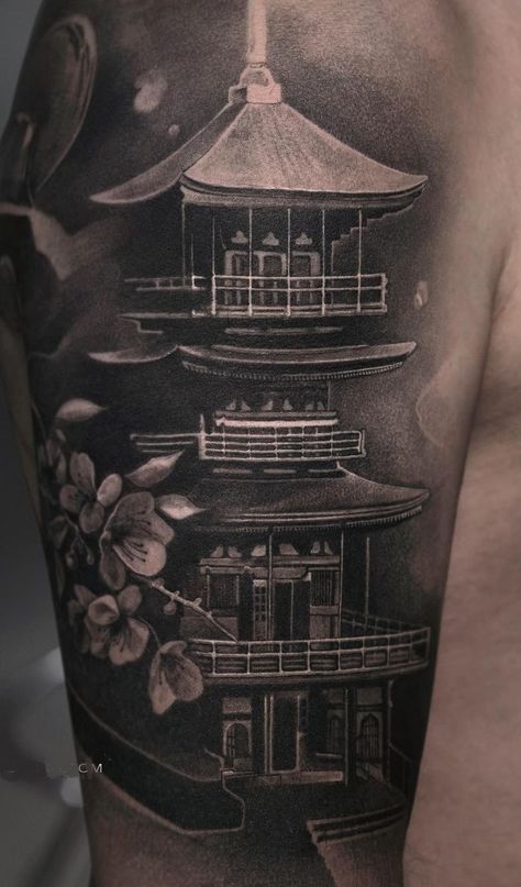 Japanese Temple Tattoos: Meanings, Symbolism & More Manche, Japanese Shrine Tattoo, Chinese House Tattoo, Japanese Castle Tattoo, Japanese Themed Tattoos, Japanese Tattoo Art Men, Japanese House Tattoo, Japanese Tower Tattoo, Japanese Pagoda Tattoo