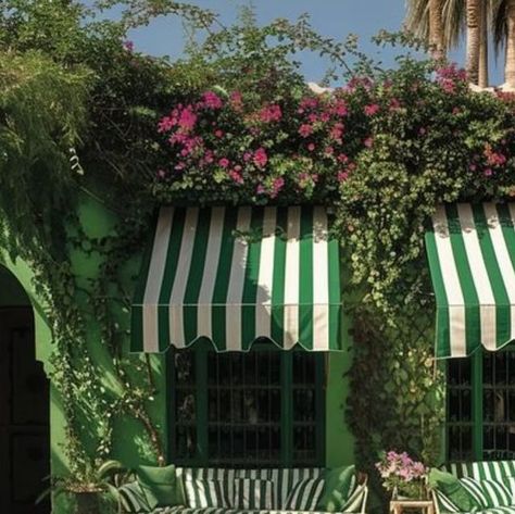 Ann Dennis on Instagram: "Loving greens today…the many shades blend beautifully in this exterior ….the house color, stripe awning, furniture and pillows. I doubt I would have the pool tiles designed in only green, but it works  and is very attractive. Green is such a versatile color and the designer has been very creative in the design.it is stunning with colorful foliage  and flowers. 🌿💚🤍💚🤍🌿 @babtistebohu" Striped Cafe Awning, Striped Awning House, Awning Furniture, Stripe Awning, Striped Awnings, Storefront Ideas, Striped Awning, Beach Airbnb, Pool Tile Designs