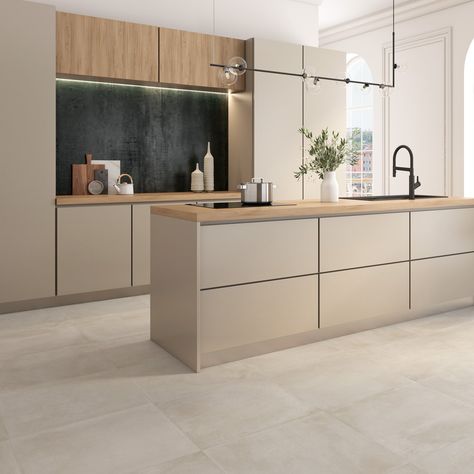 Beige Tile Kitchen, Beige Tile Floor, Beige Floor Tile, Bulthaup Kitchen, Sand Floor, Taupe Kitchen, Open Plan Kitchen Dining Living, Open Plan Kitchen Dining, Neutral Kitchen