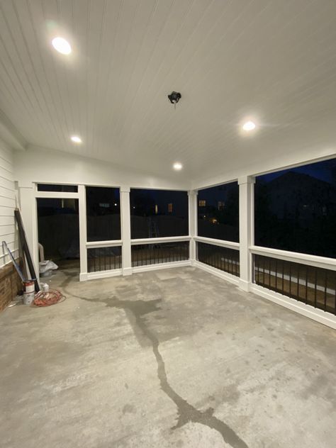 Screened-in Porch Details - Love Your Abode Enclosed Concrete Patio Ideas, Small Screened In Porch Decorating Ideas Patio Outdoor Spaces, Screened Porch And Patio Combo, Screened In Porch With Shed Roof, Screened In Back Patio Ideas, Heated Screened In Porch, Redo Screened In Porch, Screened In Patio Flooring Ideas, Screened In Porch Colors