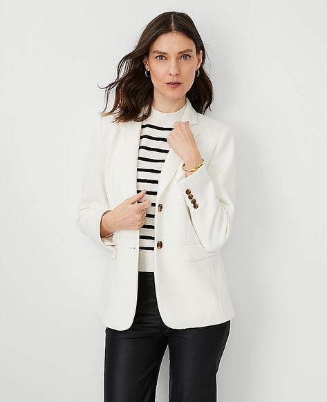 Comfort-chic at its finest, our tailored blazer plays very well with others: mix and match the collection with ease. Notched lapel. Long button-open sleeves allow for versatility in styling. Two-button front. Front flap besom pockets. Back vent. Lined.,Hit:Hits at hip,Imported:Imported,Fit:Tailored fit,Length:25 1/2" long,Fabrication:Shell: 52% Polyester, 43% Cotton, 5% Spandex; Lining: 100% Polyester,Garment Care:Machine Washable The Petite Greenwich Blazer in Pique by Ann Taylor Size petite - 00 Winter White Women's Blazers, Long, Sleeve, Jackets, Shell 52%, Polyester, 43%, Cotton, 5%, Spandex Lining 100%, Polyester, Machine, Washable Outfits With White Blazers For Women, Ivory Blazer Outfits For Women, White Blazer Outfit Summer, White Blazer Outfit Dressy, Ivory Blazer Outfit, Cream Blazer Outfits For Women, White Blazer Outfit Work, Cream Blazer Outfit, White Blazer Outfits