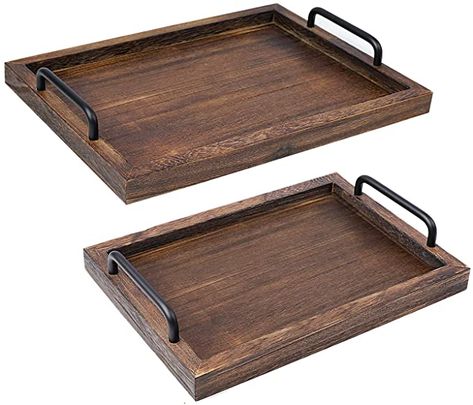 Amazon.com: LIBWYS Rustic Wooden Serving Trays with Handle-Set of 2-Decorative Nesting Food Board Platters for Breakfast, Coffee Table/Butler (Large 15.8x11.8x1.2 inches, Small 13.4x9.4 x1.2 inches) : Home & Kitchen Coffee Center, Wooden Serving Boards, Farmhouse Tray, Serving Tray Set, Breakfast Coffee, Food Serving Trays, Tv Trays, Coffee Table To Dining Table, Wooden Serving Trays
