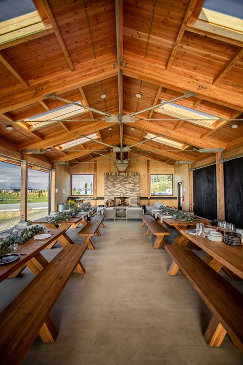 The Pavilion is an indoor/outdoor event space that is outfitted with long, communal teak dining tables. Tiny Cabins, Brewery Interior Design, Outdoor Event Space, Event Space Design, Event Venue Spaces, Party Barn, Outdoor Dining Room, Indoor Event, The Pavilion