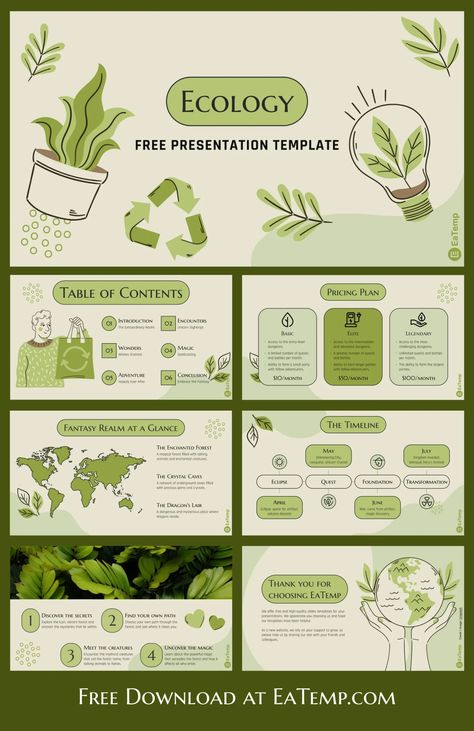 Ecology PPT Presentation Template - Free PowerPoint Templates, Google Slides, Figma Deck And Resume Slides Google Templates, Ppt Templates Design, Self Presentation Powerpoint, Google Slides Inspo Aesthetic, Biology Presentation Design, Nature Presentation Design, Sustainability Presentation, Cute Ppt Template, Powerpoint Skills