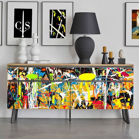 Graffiti Painting, Extra Long Sideboard, Graffiti Furniture, Large Door, Wood Stain Colors, Unique Furniture Pieces, Large Sideboard, Sideboard Designs, Funky Painted Furniture