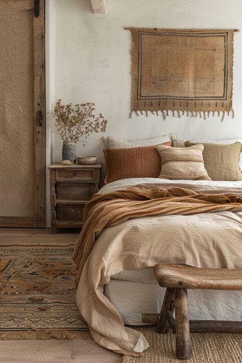 70+ Cozy Earthy Bedroom Ideas With Natural Elegance Bedding And Rug Ideas, Earthy Basement Ideas, Cozy Earthy Bedroom Ideas, Natural Bedroom Decor Earth Tones, Wall Decor Aesthetic Bedroom, Natural Room Aesthetic, Earth Toned Bedroom, Earthy Modern Home, Bedroom Earth Tones