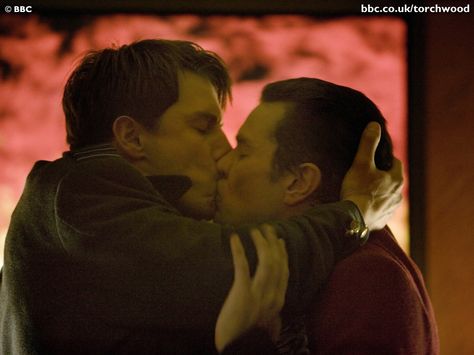 The kiss between Captain Jack and Captain John - Torchwood. Spike! Captain Jack Harkness, John Barrowman, Gareth David Lloyd, Jack Johns, John Hart, Jack Harkness, James Marsters, Men Kissing, Wibbly Wobbly Timey Wimey Stuff