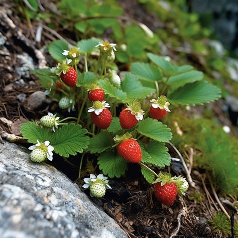 Alpine strawberries Alpine Strawberry Plant, Strawberry Bush Aesthetic, Wild Strawberry Aesthetic, Garden Reference Drawing, Strawberry Pie Recipes, Blonde Hair Strawberry, Forest Strawberries, Alpine Aesthetic, Wild Strawberry Plant