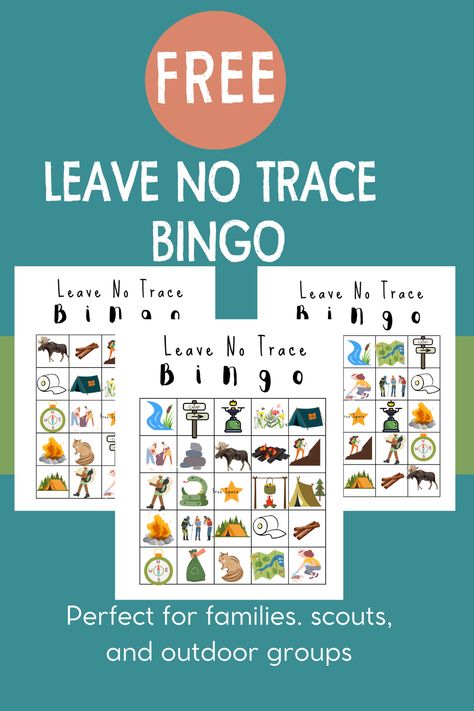 Image with Leave No Trace Bingo activity. Says perfect for families, scouts, and outdoor groups. Scouts Outdoor Activities, Halloween Scout Activities, Leave No Trace Printable, Ahg Nature And Wildlife Badge, Outdoor Code Cub Scouts Printable, Cub Scout Camping Activities, Leave No Trace Activities, Bear Scout Activities, Wolf Scout Activities