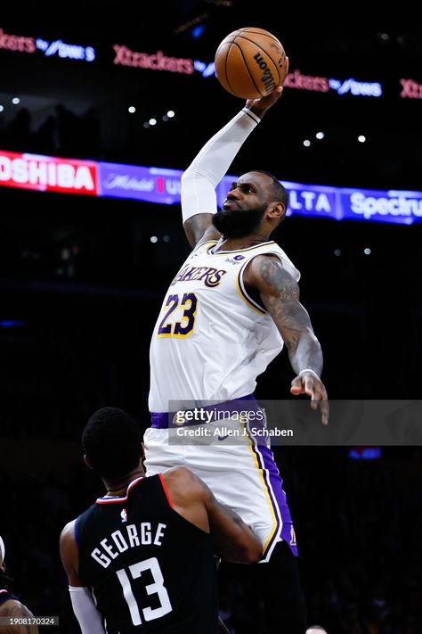 Los Angeles Lakers forward LeBron James rises up for a dunk while LA... News Photo - Getty Images Los Angeles, Angeles, Lebron James Dunk, Lebron James Dunking, Basketball Photos, La Clippers, Paul George, Discover Music, Royalty Free Video