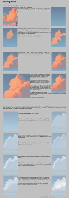 How to paint clouds #tutorial via http://artkink.tumblr.com/post/27659667880/eyecager-how-to-cloud-source Digital Painting Tutorials, Paintings Tumblr, Paint Clouds, Cloud Tutorial, Acrylic Tutorials, Seni Cat Air, Cloud Painting, Art Instructions, Digital Art Tutorial