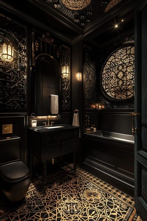 Gothic Bathroom Decor Ideas, Black House Interior Design, Witch Bathroom, Goth Interior Design, Gothic Bathroom Ideas, Black Gold Bathroom, Gothic House Decor, Cozy Bathroom Ideas, Goth Bathroom