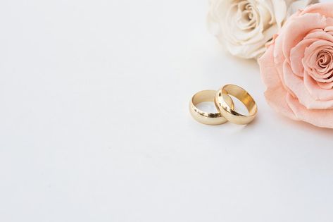 Golden wedding rings and two roses in soft tones on white background Background For Invitation, Wedding Ring Background, Golden Wedding Rings, Ring Background, White Wedding Ring, Two Roses, Golden Wedding, Handmade Christmas, White Wedding