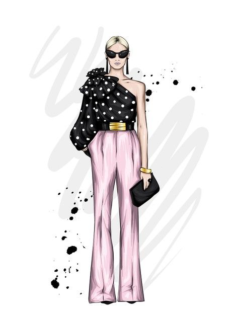 Girl in stylish trousers and a blouse. f... | Premium Vector #Freepik #vector #woman #fashion #girl #hair Blouses Illustration Fashion Sketches, Croquis, Trousers Fashion Illustration, Fashion Illustration Trousers, Trouser Drawing, Woman In Dress Drawing, Fashion Illustration Template Women, Trouser Illustration, Fashion Dresses Drawing Sketches