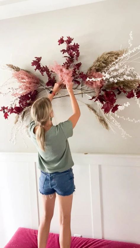 DIY Floral Wall Hanging for Fall - Paisley + Sparrow Floral Wall Arrangements Decor, How To Hang Flowers On Wall, Dried Floral Wall Decor, Pampas Grass Wall Decor Diy, Diy Pampas Wall Decor, Dried Flower Wall Arrangements, Fake Flower Wall Decor, Floral Wall Art Diy, Diy Floral Wall