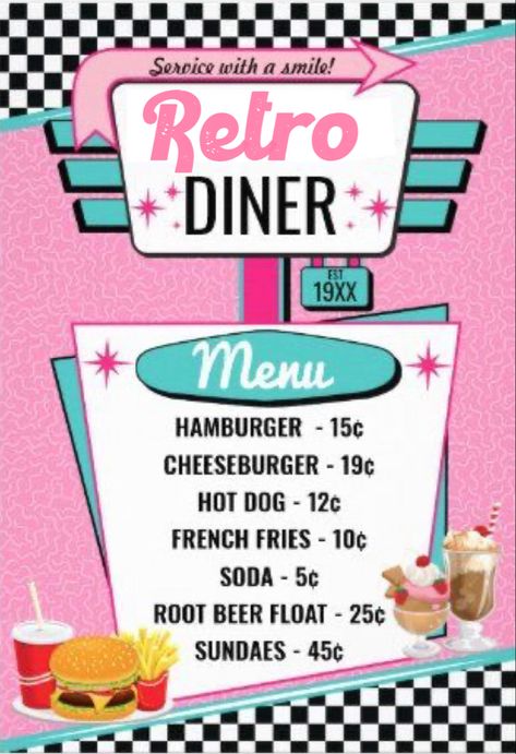 Diner Logo, 80s Food, 50s Theme Parties, Diner Aesthetic, 1950s Diner, 50's Diner, Milkshake Bar, Diner Menu, Diner Party