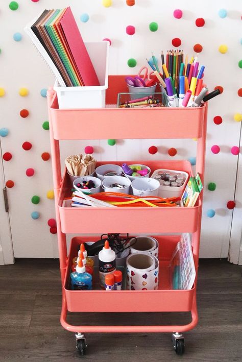 How to Make a Kids Art Cart. Use a three-tiered rolling cart and fill it with arts and craft supplies from Oriental Trading to keep kids occupied at home. Arts Crafts Organization, Organisation, Art Rolling Cart, Craft Cart For Kids, Kid Craft Storage Ideas, Kids Art Cart Organization, Three Tier Cart Organization, Stationary Trolley, Kids Art Studio At Home