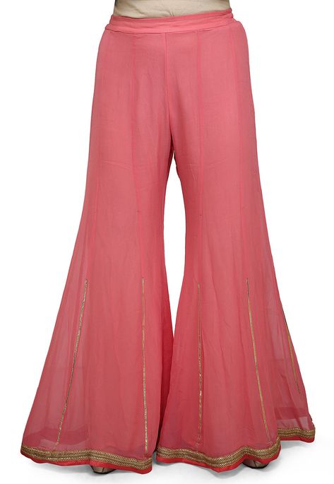Faux Georgette Palazzo in Pink This Readymade Piece with Shantoon Lining is Beautifully Enhanced with Gota Patti Work ThePalazzo Waist is Elasticated and Adjustable with a Draw String Do Note: Slight Color may Vary Simple Sharara Designs Latest, Plazo Designs Latest Style, Plazzo Designs, Plazo Designs, Plazo Pants, Georgette Palazzo, Women Trousers Design, Trouser Designs, Sharara Designs
