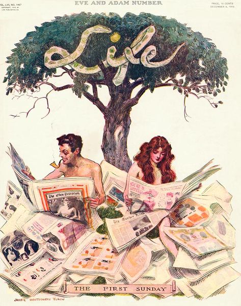 Adam and Eve reading the Sunday newspaper. Life, December 8, 1910. Illustration by James Montgomery Flagg (American, 1877-1960). Adam and Eve Number. The First Sunday. The serpent with apple ready... Montgomery Flagg, James Montgomery Flagg, Magazine Cover Art, L Wallpaper, Printable Vintage Art, First Sunday, Rennaissance Art, Comics Artist, Ad Art