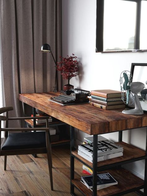 Reclaimed Wooden Desk, Reclaimed Wood Desks, Wood Desks, Wooden Desk Chairs, Industrial Chic Decor, Reclaimed Wood Desk, Home Office Inspiration, Decor Ikea, Diy Casa