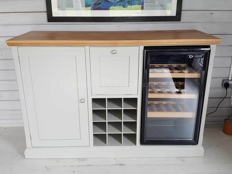 Buffet Cabinet With Wine Fridge, Wine Cooler Cabinet Ideas, Rapunzel House, Bespoke Sideboard, Drinks Sideboard, Drinks Cupboard, Sideboard With Wine Rack, Paint And Drink, Glamour Home