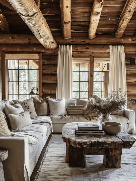 Rustic Log Cabins: Plush Sectionals and Rustic Coffee Table Design Modern Cabin Furniture, Log Cabin Family Room, Lodge Look Living Room, Log Cabin Vibes, Lake Cabin Interiors Living Room, Log Cabin Curtain Ideas, Glam Cabin Decor, Bright Log Cabin Interior, Updated Log Cabin Interior