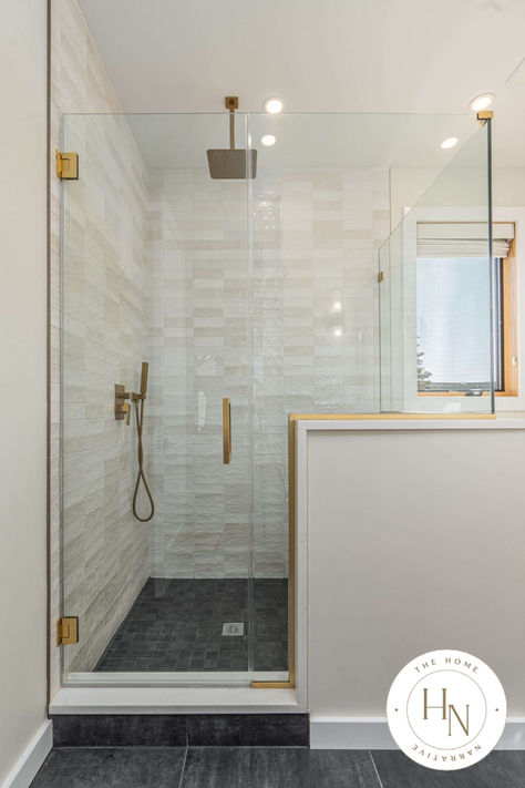 Tile Shower With Glass Wall, Tiled Pony Wall Bathroom, Master Bath Shower With Half Wall, Glass Shower Door With Pony Wall, Master Shower Half Glass Wall, Tiled Shower With Half Wall, Shower Half Wall Next To Vanity, Glass Shower With Half Wall, Shower Ceramic Tile Ideas