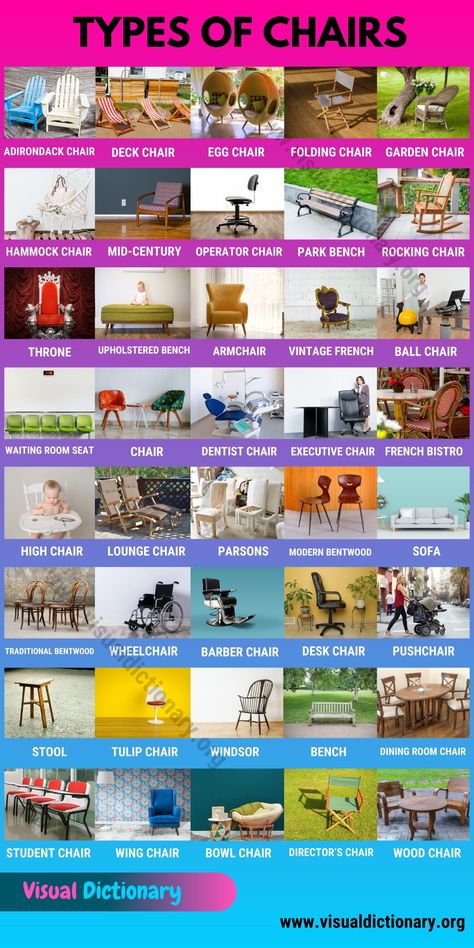 Types Of Chairs, Vocabulary English, Visual Dictionary, Picture Dictionary, General Knowledge Book, Interesting English Words, Good Vocabulary Words, Good Vocabulary, General Knowledge Facts