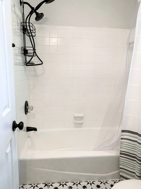 Shower Tile Remodel Diy, Update Shower Tile Without Replacing, Painted Bathroom Shower Tile, Redoing Shower Tile, How To Paint Subway Tile, Old Tub Shower Makeover, How To Paint Bathroom Shower Tile, Painting Shower Walls, Diy Paint Shower Tile