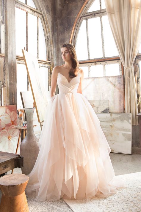 This blush gown from Tara Keely featuring an airy tulle skirt is utterly romantic! » Praise Wedding Community Lazaro Bridal Gown, Lazaro Wedding Dress, Organza Bridal, Blush Wedding Dress, Blush Gown, Wedding Dresses Blush, Ruffle Wedding Dress, Pink Wedding Dress, Bridal Ball Gown