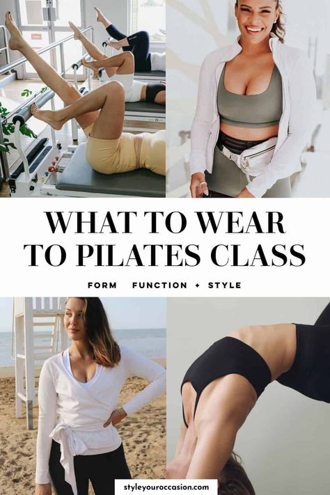 What do you wear to pilates? Here’s a simple and comprehensive guide for what to wear to pilates class and why! Find great outfit inspiration for women and tips and tricks so you are comfortable in your clothes and have great style at the same time! Pilates Attire Workout Outfits, Chic Pilates Outfit, Pilates Workout Outfit Aesthetic, Pilates Outfit Summer, Pilates Fit Aesthetic, Hot Pilates Outfits, Pilates Style Outfit, Summer Pilates Outfit, Plus Size Pilates Outfit