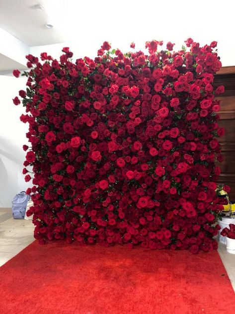 Wedding Decor With Red Roses, Wedding Red Theme Decor, Red Round Table Decorations, Red Roses Backdrop Decor, Red Flower Wall Backdrop, Red Rose Backdrop Wedding, Roses On Ceiling, Rose Themed Wedding Decor, Rose Backdrop Photoshoot
