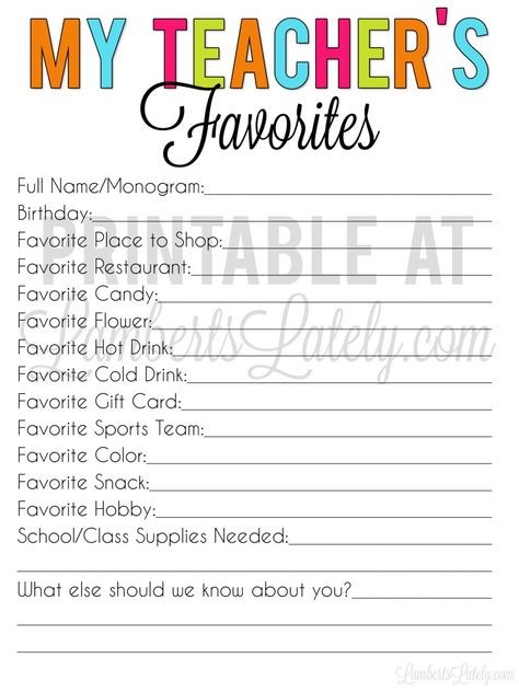 Grab a free copy of this teacher favorite things printable questionnaire - let the educators in your life list their favorites for a quick and easy gift reference! These Are A Few Of My Favorite Things Teacher, My Teachers Favorites, Teacher Favorites List Free Printable, Getting To Know Your Teacher Free Printable, Teacher Christmas Wish List, Favorite Things Teacher Printable, Teacher Favorites List, Teachers Favorites Printable, Teacher Spotlight Questions