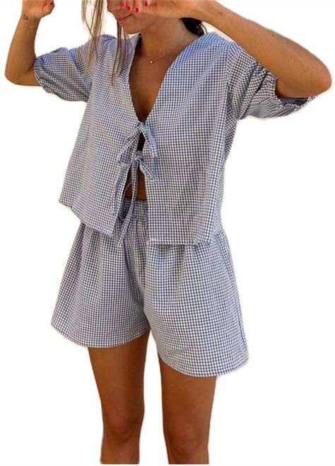 PRICES MAY VARY. MATERIAL: Women cute 2pcs outfits are made of 95% polyester and 5% spandex, ultra-soft, skin-friendly, durable and not easy to deform, good breathability, and comfortable to wear. DESIGN: Plaid pattern pjs set outfits for women clothing, tee tops for women use lace up, bow tie, puff short sleeve, ruffle hem, deep v-neck, cropped length, matches with wide leg, high waist, elastic waistband, with 2 pockets soft shorts, chic and stylish sleep clothes, cute going out two piece suit. 30a Beach Outfits, Cruise Embarkment Day Outfit, Lake Outfits For Women Summer, Dallas Summer Outfits, Hot Day Outfit Summer, Casual Sets For Women, Cute Amazon Clothes, Summer Sets Outfits Two Pieces, Backyard Party Outfit