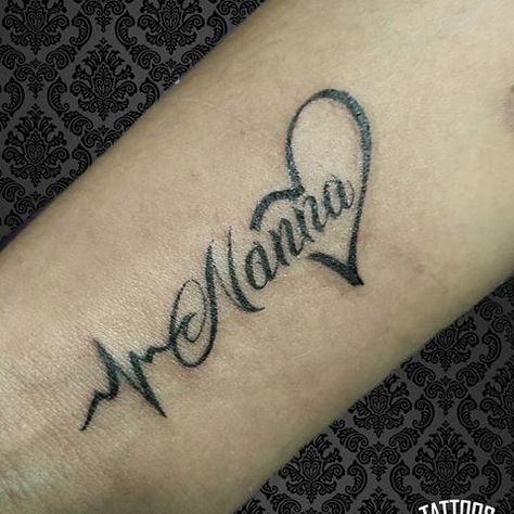 Name With Heartbeat Tattoo, Baby Heartbeat Tattoo, Heartbeat Name Tattoo, Nanna Tattoo, Nana Tattoo Ideas, Owl Tattoo Wrist, Heartbeat Tattoo With Name, Tattoos For Childrens Names, Small Name Tattoo